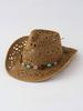 Unisex White Hollow Woven Straw Hat With Beaded Band, Rolled Brim Panama Cowboy Hat For Summer Outdoor Travel Sun Protection