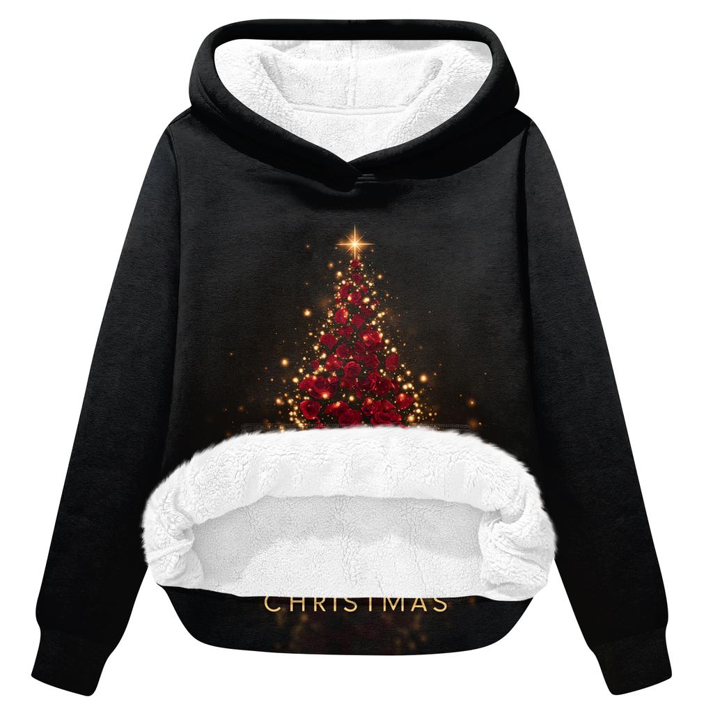 Women's Casual Fashion Plus Velvet Thickened Christmas Print Hooded Sweatshirt