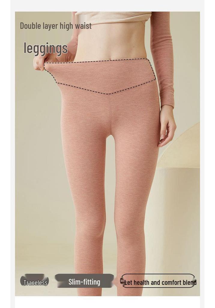 Women's Double Layer High Waist Wool Cashmere Silk Pants - Warm Velvet Lined Base Layer for Autumn