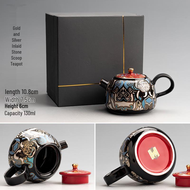 Gold & Silver Inlay Gaiwan Tea Set: Chinese Taotie Teapot with Gilded Teacup & Infuser