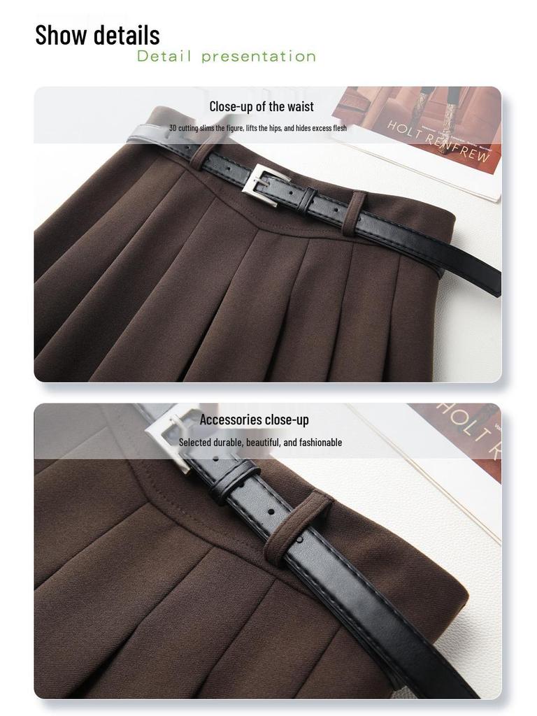 Women's Khaki High-Waisted A-Line Pleated Midi Skirt - 2024 Autumn/Winter Collection