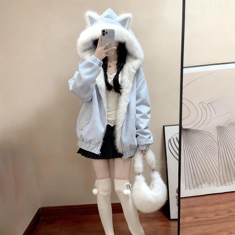 Cute girl blue cat ears fur collar hooded double-sided cotton clothes women's new loose warm coat in winter