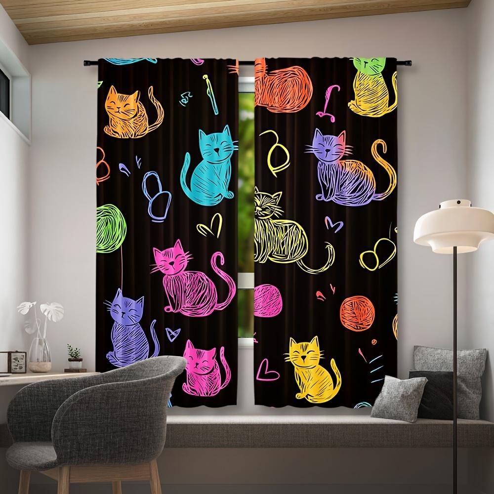 2pcs Gradient Cat Curtains   Cartoon Kitten Neon Pets Animal Theme Window Drapes for Living Room Bedroom Decor