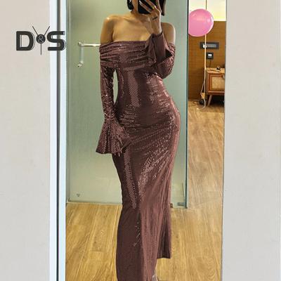 Dámské večerní šaty Bateau Výstřih Bez ramen Dlouhé rukávy Třpytivé Flitry Bronzující Bodycon Prom Cocktail Party Maxi šaty bez ramínek