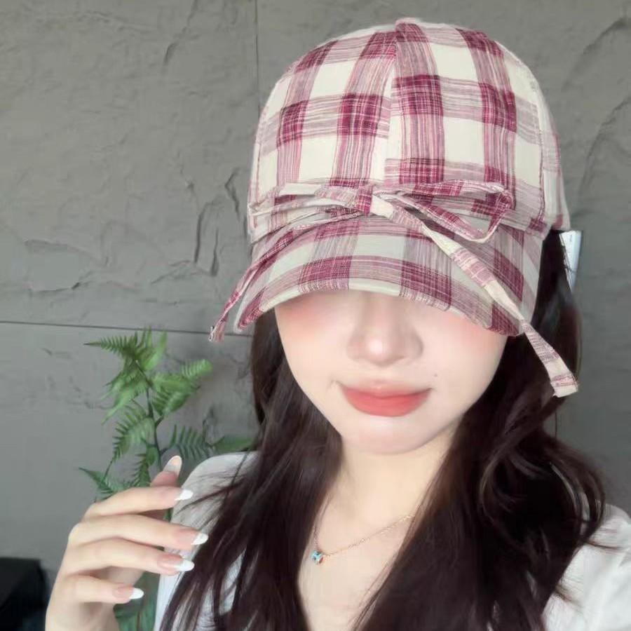 Niche design casual plaid bow baseball hat versatile big head circumference showing face small sunshade cap