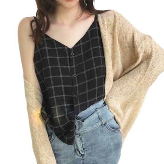 

Женская майка-бюстье с регулируемыми бретельками-спагетти, клетчатая майка, модная, с V-образным вырезом и пуговицами XL чёрный