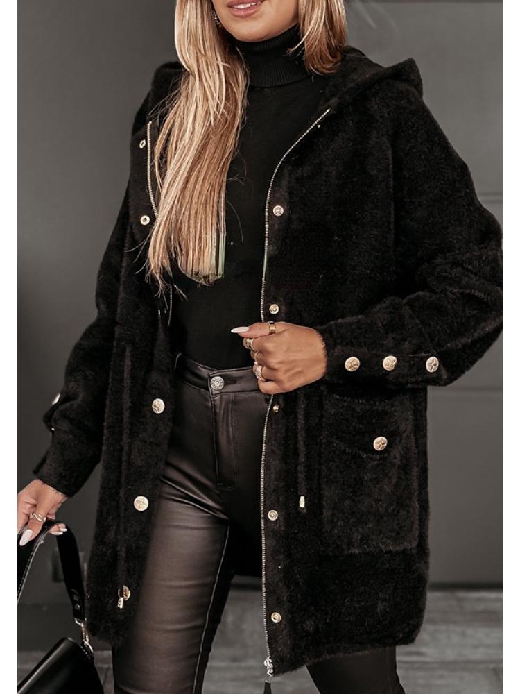 2024 Urban Fashion Hooded Woolen Coat with Drawstring Waist & Metal Buckle Zipper