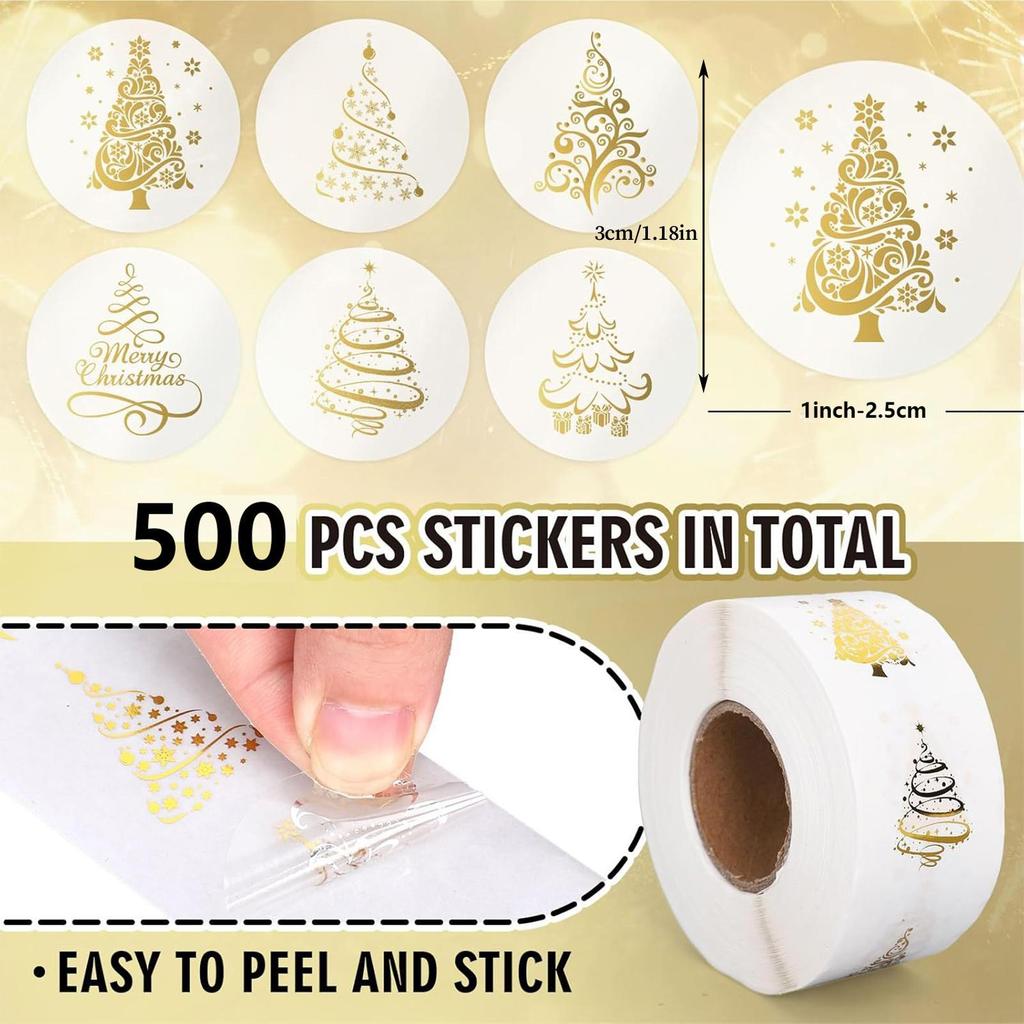 500 Sheet/roll 1inch Christmas Gift Card Label Sticker Clear Christmas Tree Sealing Sticker Adhesive Gold Foil Christmas Sticker