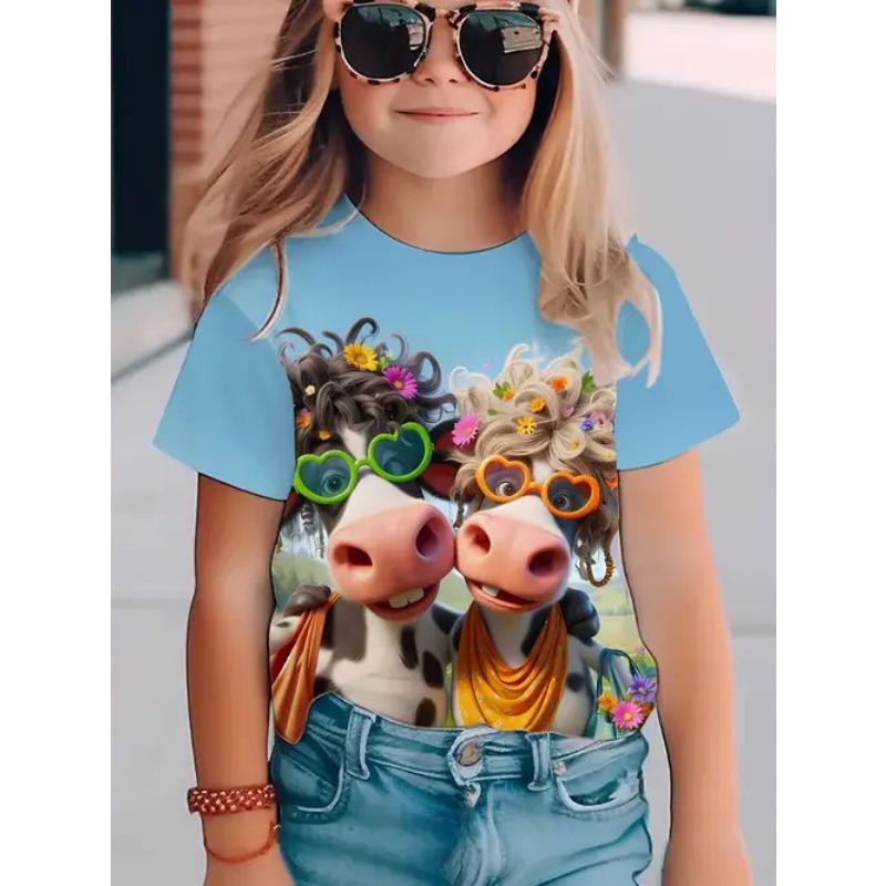 Summer Round Neck 3D Printed Top Fashionable Casual Short Sleeved Children's Girl T-shirts