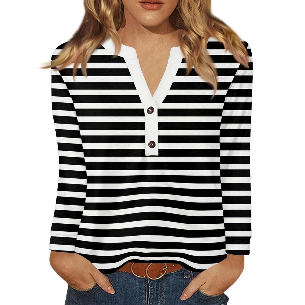 Women's T Shirt Print Button Long Sleeve Daily Weekend Fashion Basic V- Neck Regular Top