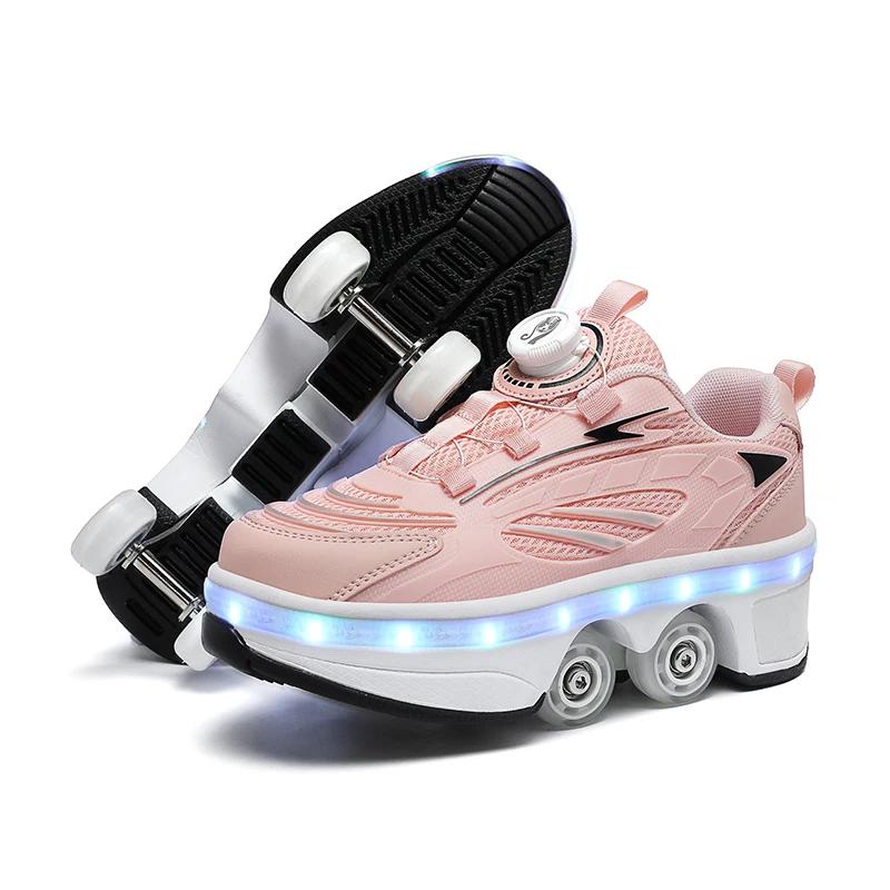 Girls Pink Roller Skate Shoes Sneakers With Wheels Children Rollerskates Fashion Outdoor Sports Shoes Girls Gifts