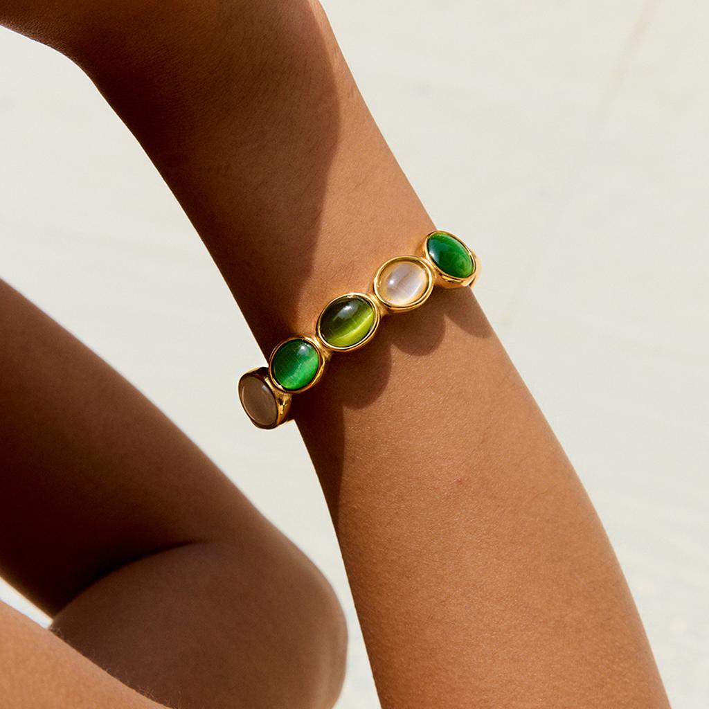 JYL TS Bracelet Bangle Cat Eye Stone Open Design Mysterious Look Enhances Intuition & Fortune