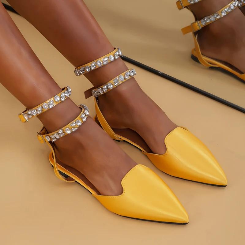 Fashion Rhinestone Ankle Strap Flat Heel Sandals Women Sexy Pointed Toe Gladiator Sandls Woman 2025 Summer Buckle Party Shoes Plus Size