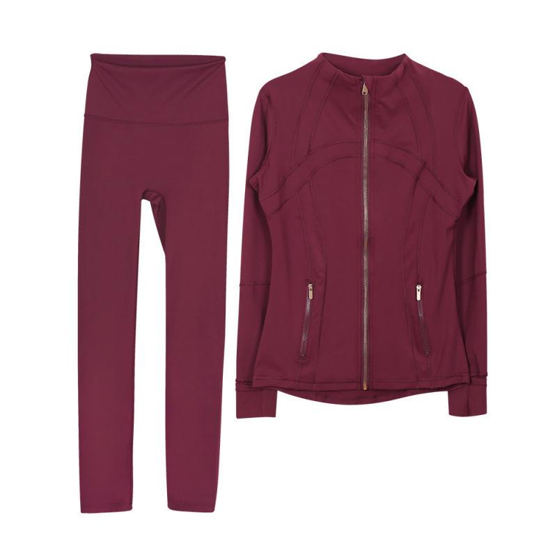 Lulu Original Yoga Anzug: Schnelltrocknendes Set mit Stehkragenjacke & Elastischer Neun-Punkt-Hose, Goldener Reißverschluss.