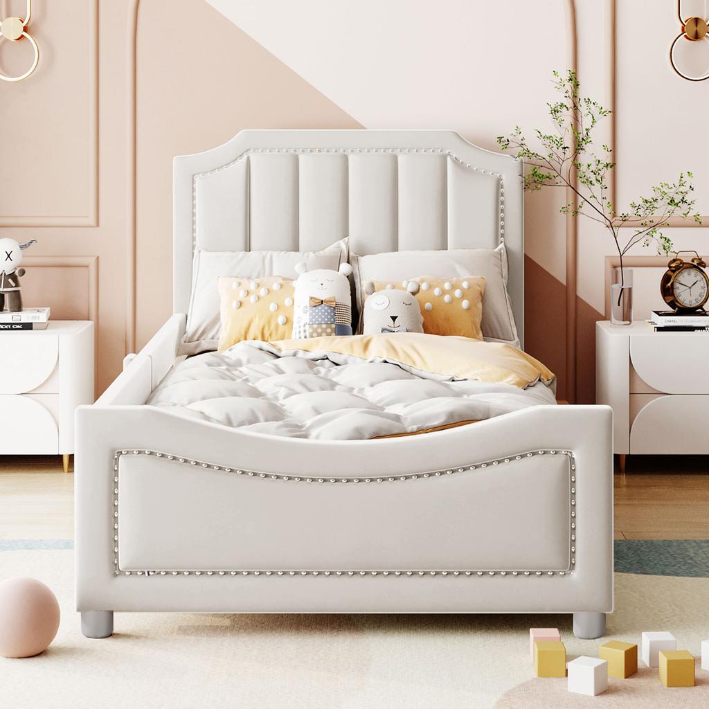 Kids' Bed Upholstered Bed 90*200cm Sleeper Sofa Bed Frame Flannel Multifunctional Soft Bed with Backrest Armrest Parent-Child Youth Guest Bed Beige
