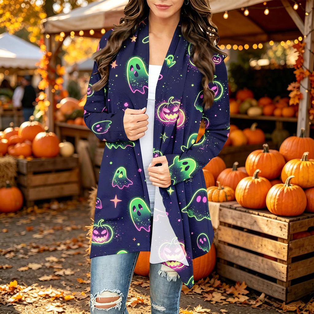 Women's Long Sleeve Cardigan with Halloween Print for Casual Everyday Wear