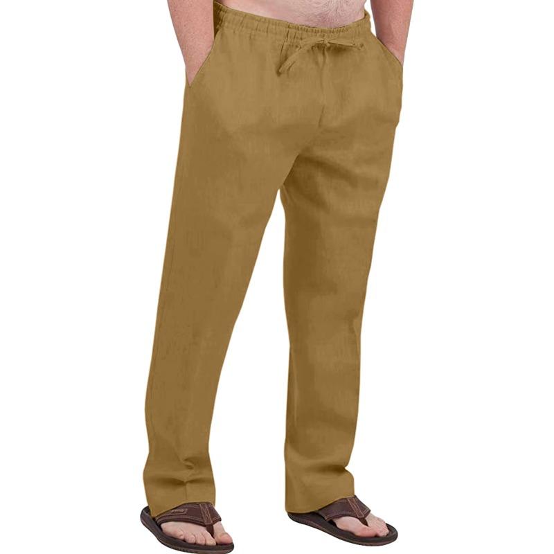 Herren Freizeit Atmungsaktive Baumwoll-Leinen Kordelzug Hose – Atmungsaktive Sommer Strandhose