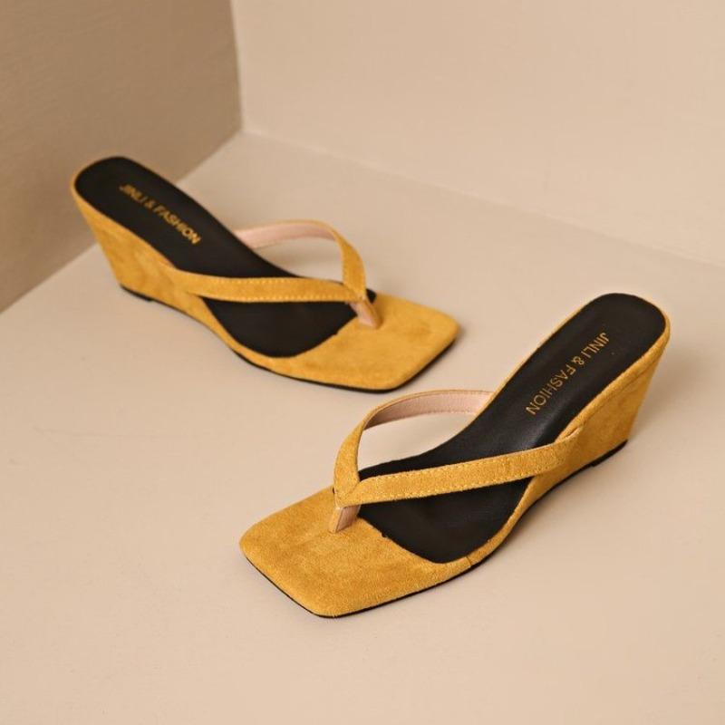 Fashion New Style Slope Slippers Women's Fashion Square Head Clip Toe Set Foot Fine Strap Soft Sole Anti-slip Wear-resistant High Heels