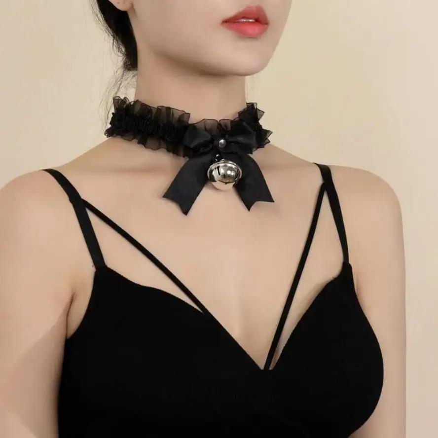 1 Pcs Simple Sexy Lace Collar Pendant Bow Knot Bell Choker Necklace Dress Girls Jewelry Cute Fashion Creative Women Gothic