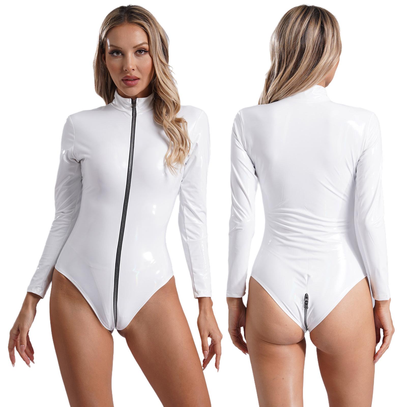 

Жіночі комбінезони на трьох блискавках, латексне боді, купальник, сексуальний клубний одяг, комбінезон, високий виріз, облягаючі колготки, комбінезон, сценічний костюм для танцю на пілоні білий