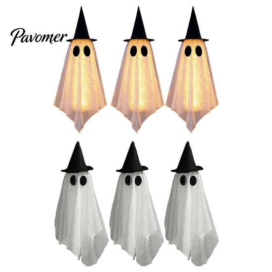 Garden Haunted House Accessories 3 Pcs Halloween Hanging Ghost Decoration, Spooky Large Mesh Easy Storage Props with Witch Hat for Porch, Yard,