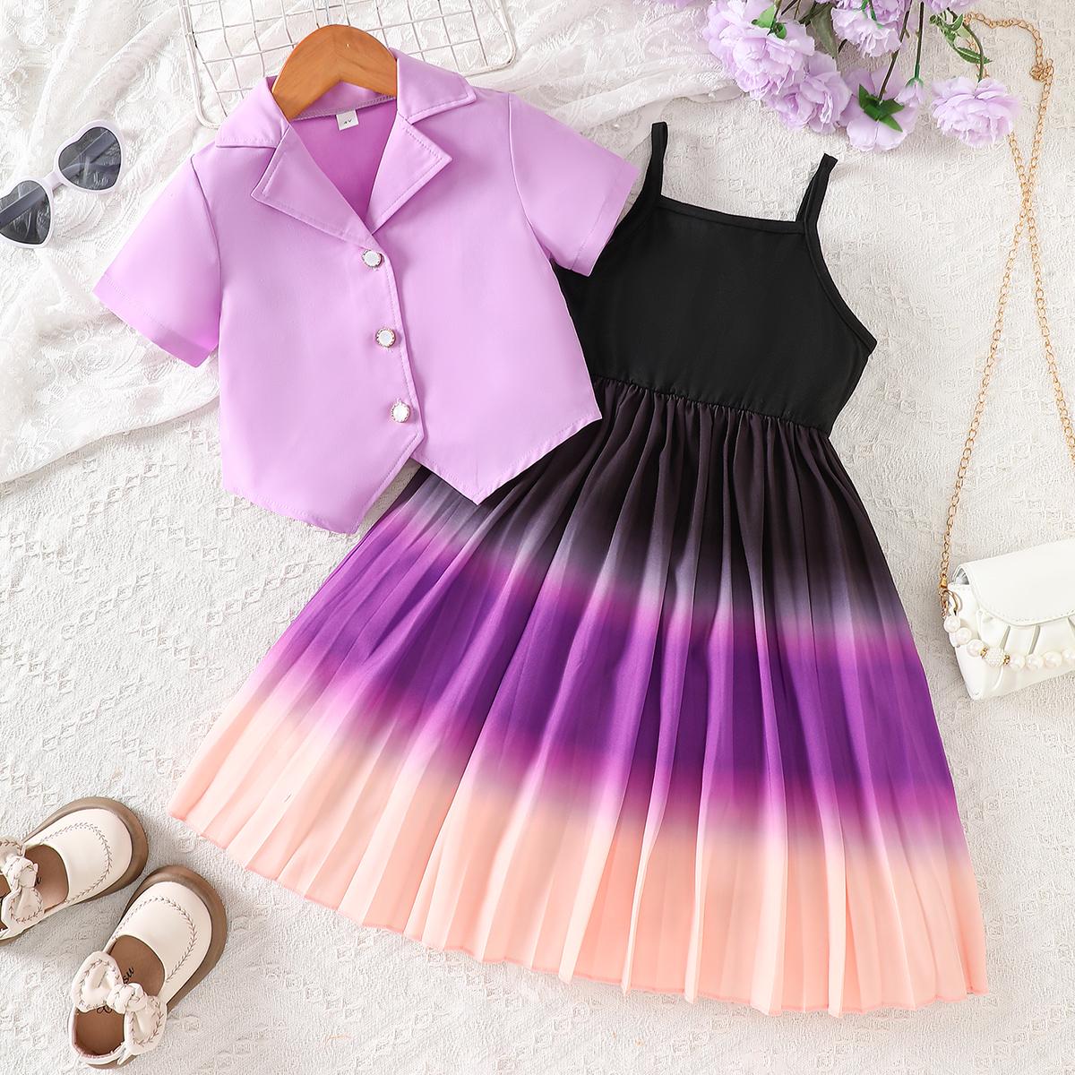 

2PCS Girls Blazer & Ombre Pleated Cami Dress Set, Short Sleeve Jacket + Gradient Dress Outfit for 3-7Y 3Y розовато-лиловый ярко-