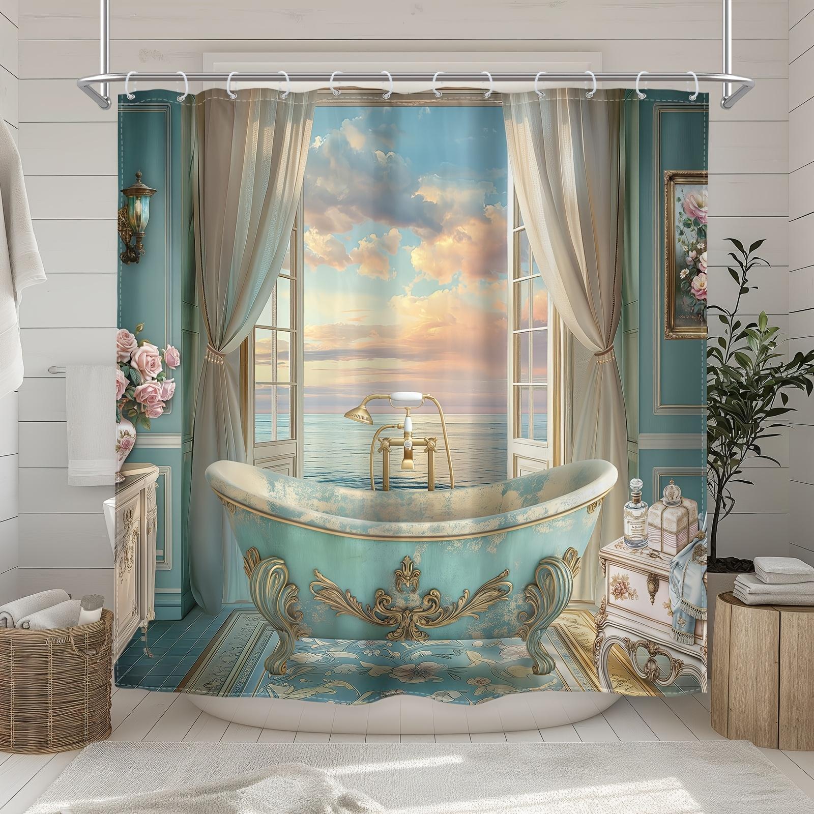Shower Curtain: Luxurious Ocean View with Vintage Bathtub and Serene Sunset for an Elegant Bathroom Decor W90XH180cm
