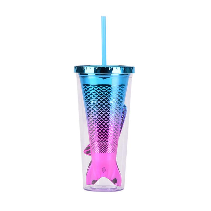 Double Layer Plastic Cup Creative Gradual Change Mermaid Tail Straw Cup Appearance Electroplating Color Sequined Water Cup