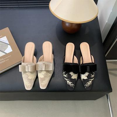 New High Heel Slippers Women's Embroidered Retro Slim Heel Slippers Small Square Head Embroidered High Heel Women's Shoes