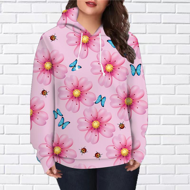 

Женская мода розовый цветок бабочка принт свободные толстовки топы блузка свитшот повседневный длинный рукав пуловер топы XS розовый