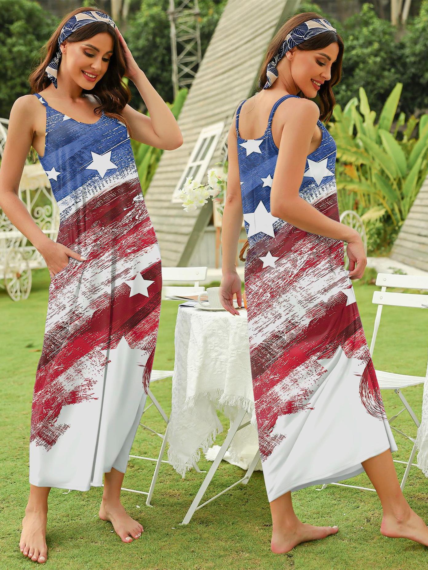 Summer new European flag print dress suspender pocket fashionable and elegant women s dress S