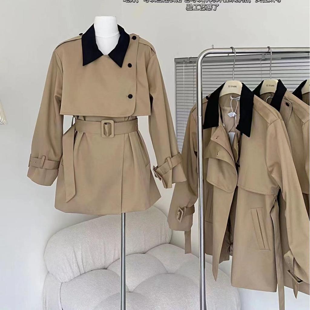 Ladies Petite Windbreaker Women's Spring and Autumn New Fake Two-piece British Style Goddess Coat