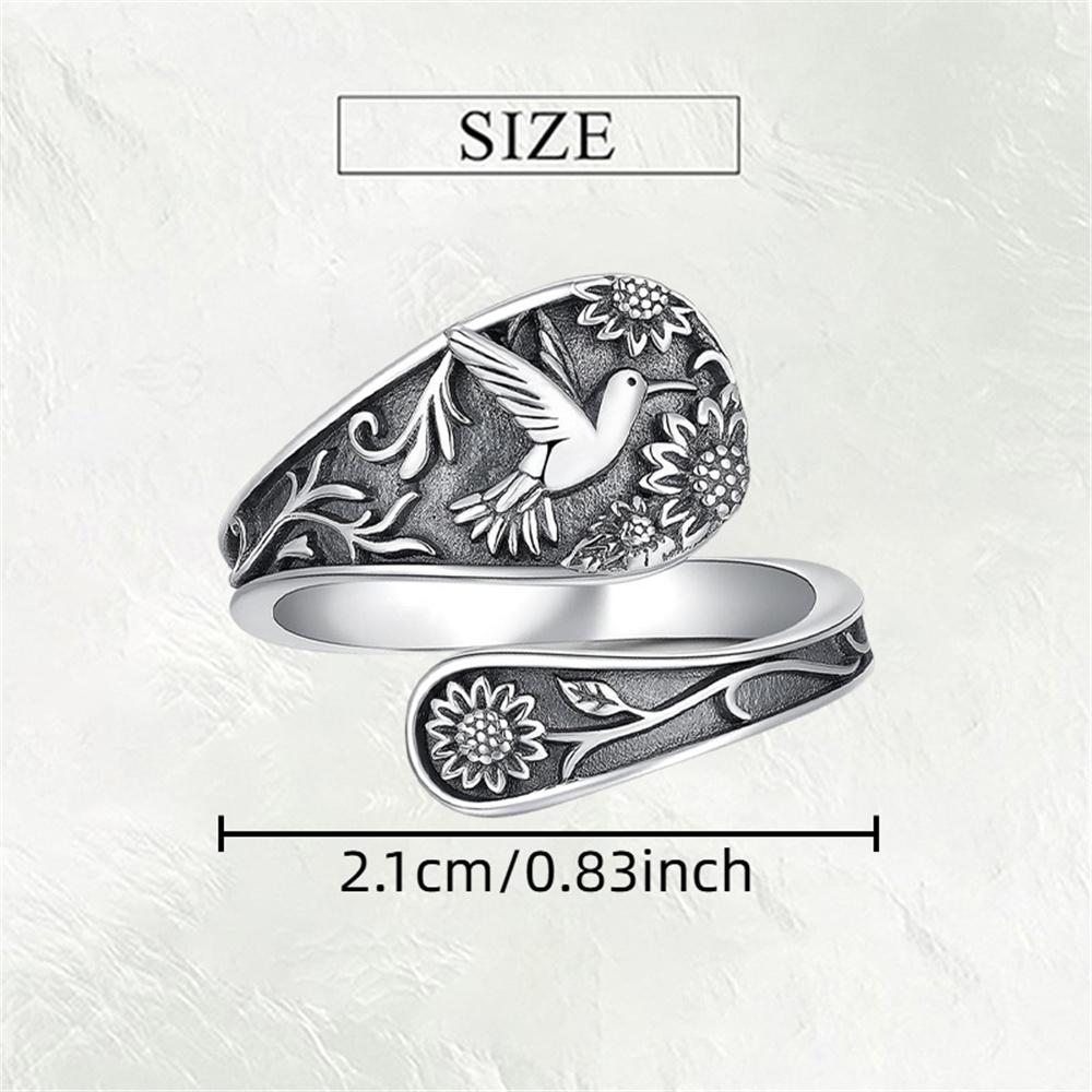 

Vintage Bohemian Women s Spoon Ring, Engraved Sunflower and Hummingbird Pattern, Antique Silver Elegant Ethnic Jewelry