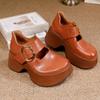 Johnature Genuine Leather Thick Soled Shoes Retro Versatile Buckle Strap Thick High Heels Women's Shoes