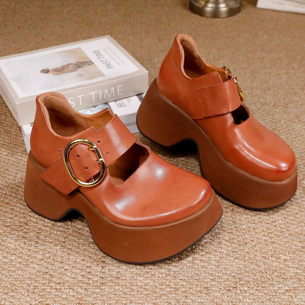 Johnature Genuine Leather Thick Soled Shoes Retro Versatile Buckle Strap Thick High Heels Women's Shoes