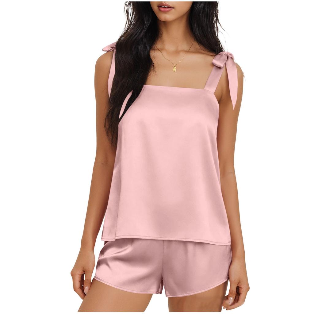 Damen Satin Nachtwäsche Set Verstellbarer Träger Tanktop und Locker sitzende Shorts für Bequeme Nachtwäsche
