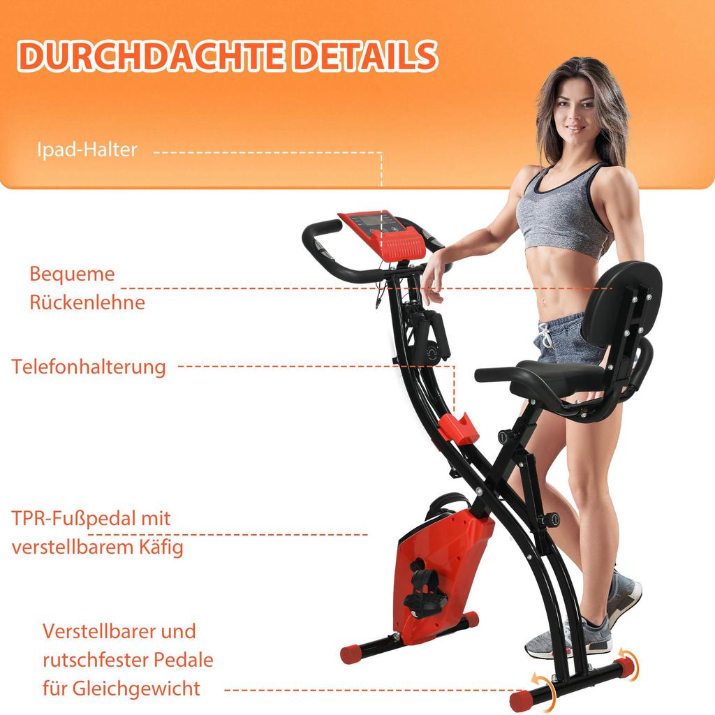 2-in-1 Folding Exercise Bike with 8-Level Magnetic Resistance, Arm Resistance Band, Pulse Sensor, Red