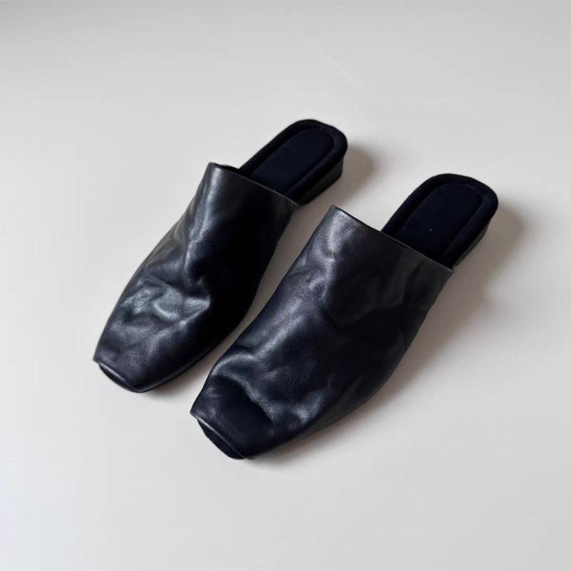 Fashion Summer New Women Shoes Square Toe Low-heel Shoes Slippers Retro Cowhide Leather Shoes for Women Casual Mules for Women Sandals