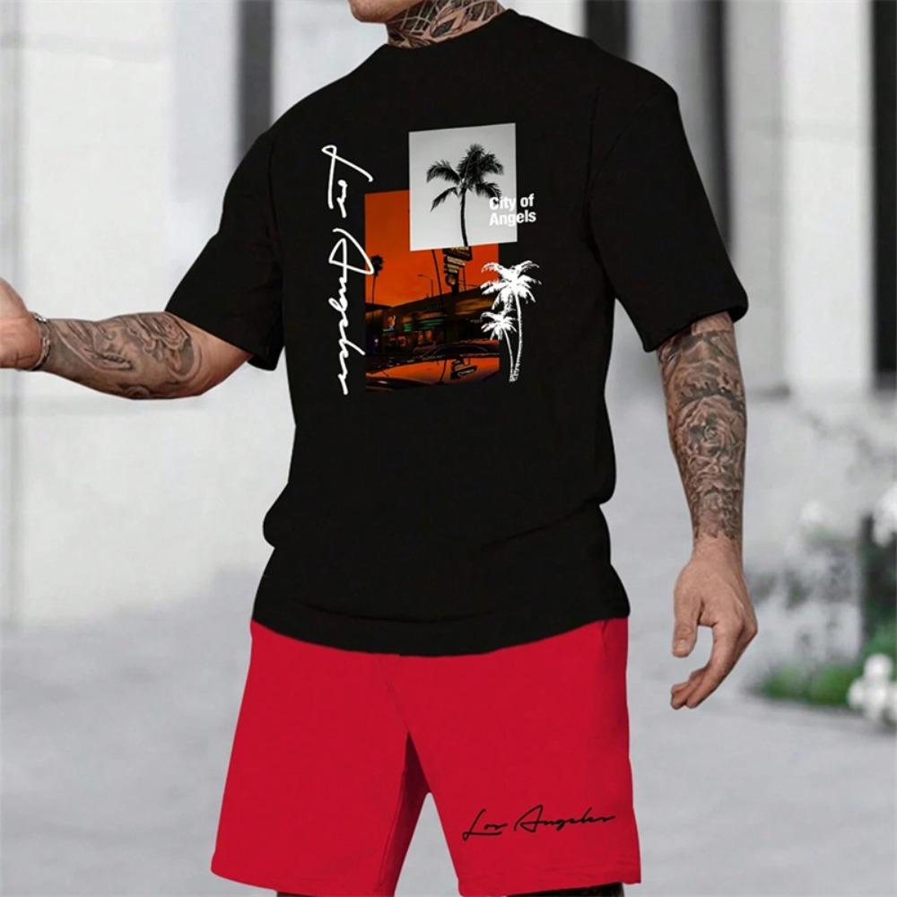 Summer Men's Short Sleeve Palm Tree Print Two Piece Drawstring Shorts Set Fashion Men's Vacation Beach Casual Suit