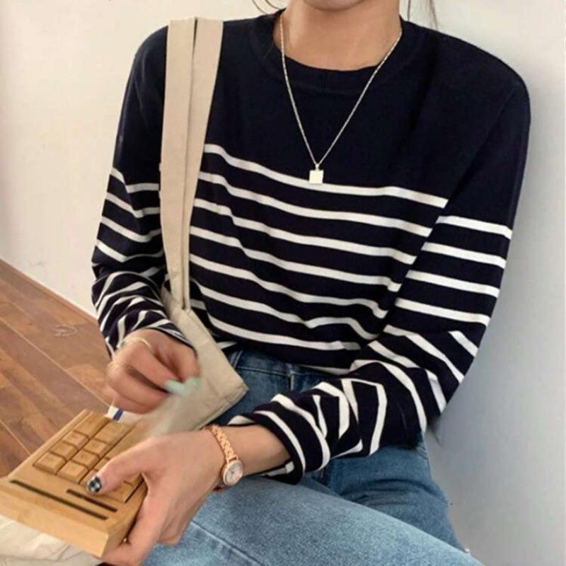 

Crew Neck Striped Women s Long Sleeve Autumn Bottom Shirt Top Sweater Contrast Color Simple Wind Knitted Sweater Women s Loose S чёрный