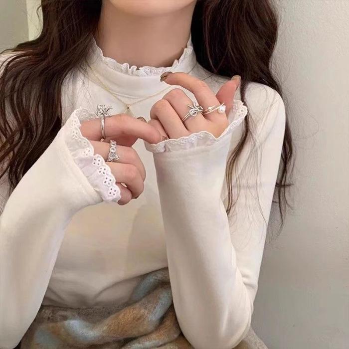 Korean Style Semi-High Neck Lace Patchwork Shirt - Women's Long Sleeve Autumn/Winter Top