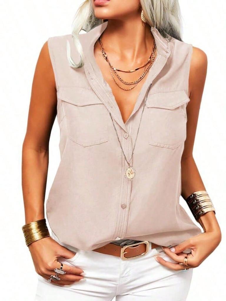 Women's Sleeveless Lapel Tank Blouse Solid Button Front Summer Shirt for Office and Casual