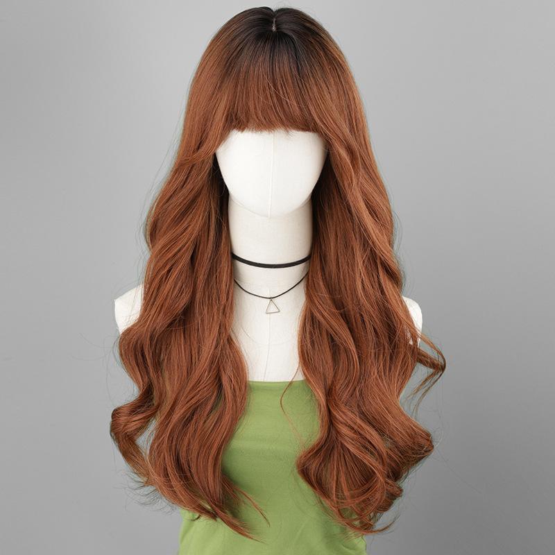 New High-temperature Wire Machine-made Wig Full-head Womens Air Bangs Long Curly Hair Water-wave Curls Internet-celebrity