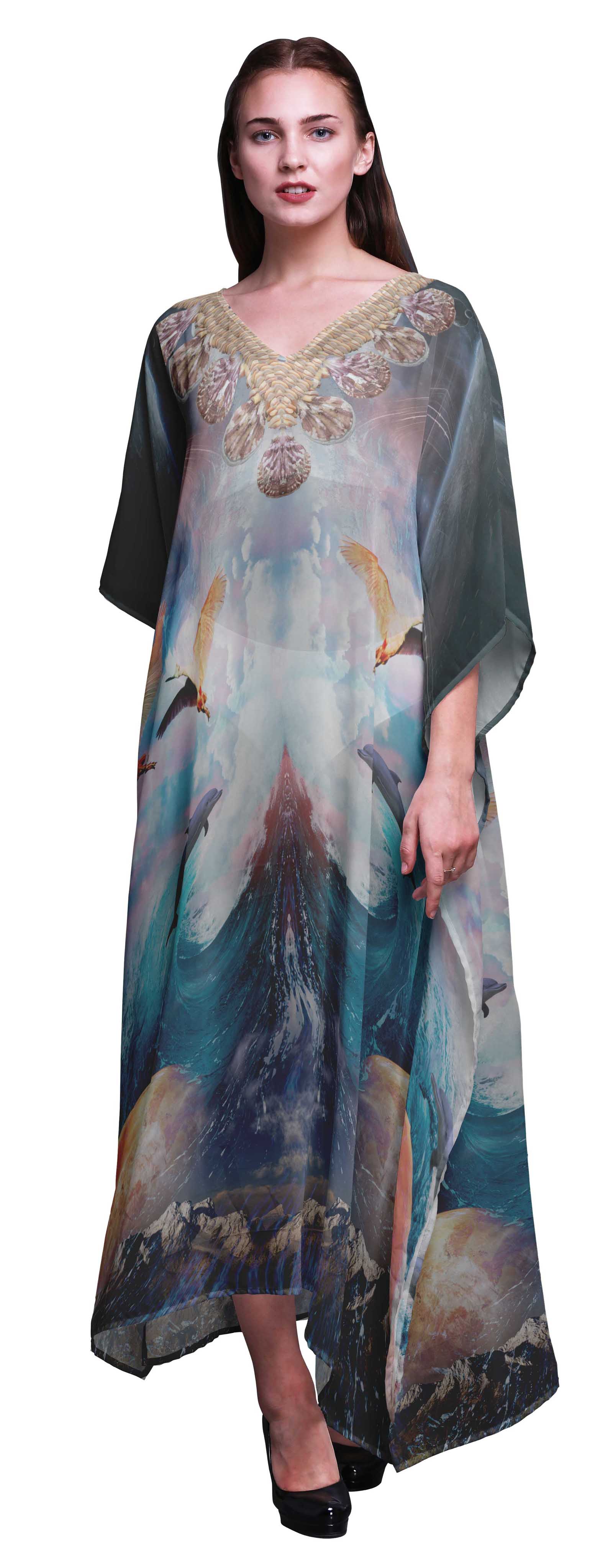 

Phagun Sea & Flying Bird Nature Ladies Kaftan Holiday Loungewear Maxi Dress Beach XL-3X різнокольоровий