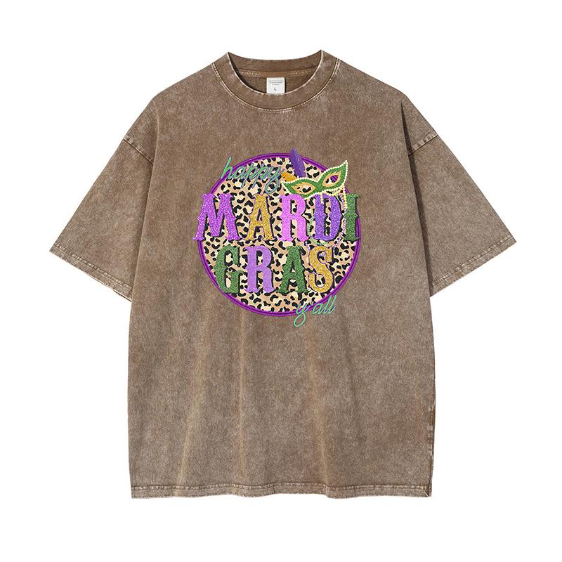 

Men s Summer Washed T-shirts Casual Leopard Printed Mardi Gras Carnivals Party Tunics Fashion Holiday Chic Tops 3XL