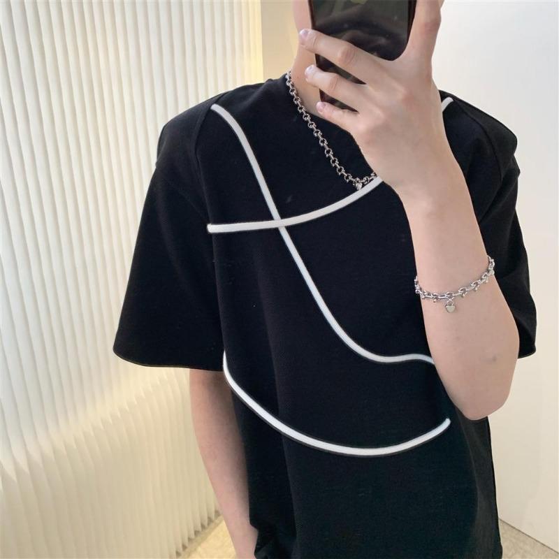 Summer Men Korean Fashion Drawstring Designer Chic Basic T Shirt Round Neck Short Sleeve Loose Tops