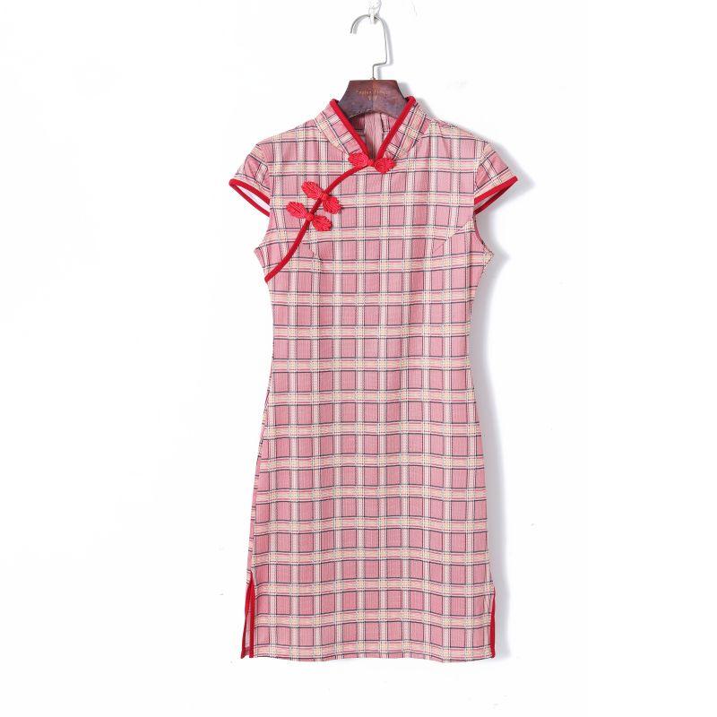 

Women s Plaid Slim Fit All-Match Dress Stand Collar Buckle Red check S