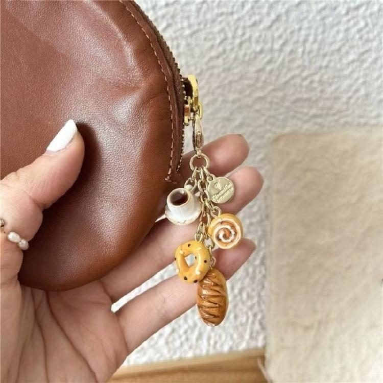 Elegant Coffee and Bread Coin Purse Charm Fashionable Keychain Accessory Stylish Bag Pendant Travel Friendly Keyring