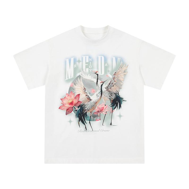 

Trendy Street T-shirt with Crane and Lotus Print Oriental Elements Personalized Art Round Neck Short Sleeved Casual Party Couple 4XL
