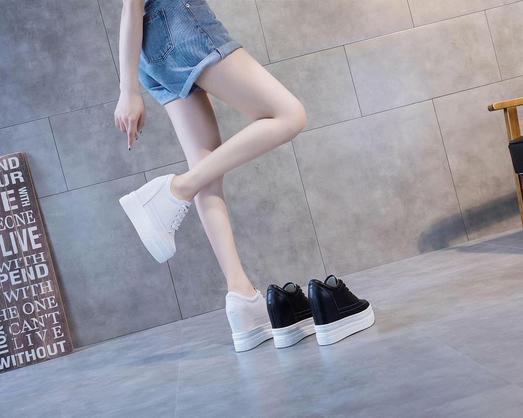 2025 Spring/Autumn Breathable Women's 11cm Height-Increasing Hollow Leather Thick-Soled Casual Black Shoes